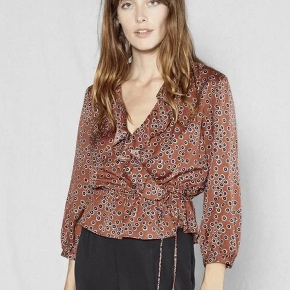 Outerknown Rhiannon cinnamon Brown floral wrap top organic cotton blend Small - Picture 1 of 5